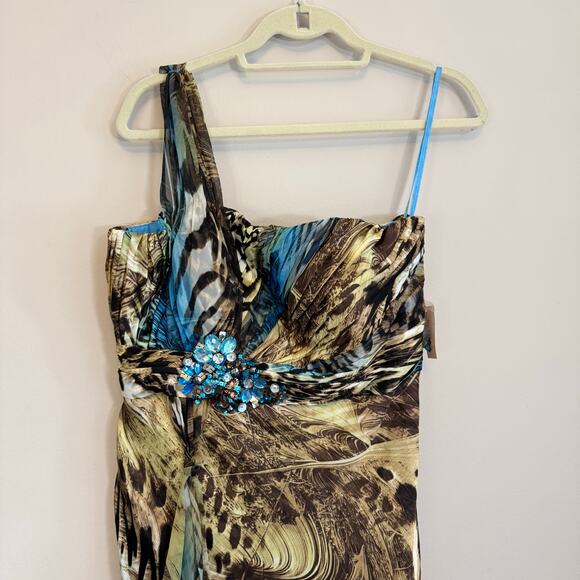 Dressbarn Collection Mini Dress 12 Multi Animal Print One Shoulder Cocktail NWT - Picture 3 of 11